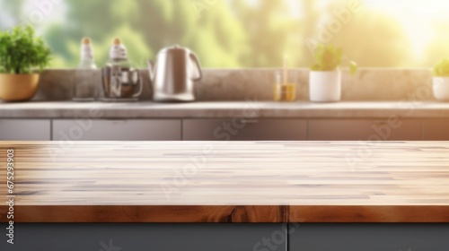 Stainless Steel Elegance Capturing the Beauty of a Modern Kitchen Sink, Wooden table on blurred kitchen