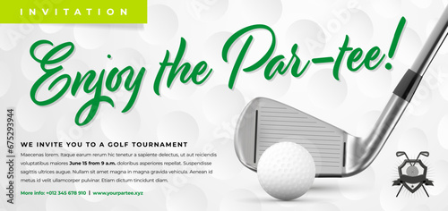 Golf tournament invitation template with metal club, ball and sample text