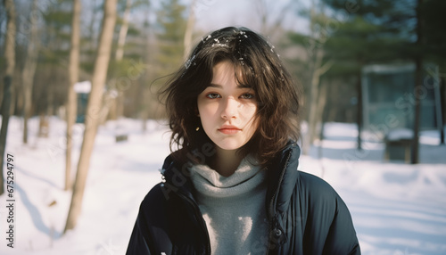 Young Woman in Winter Snow with Sunlight