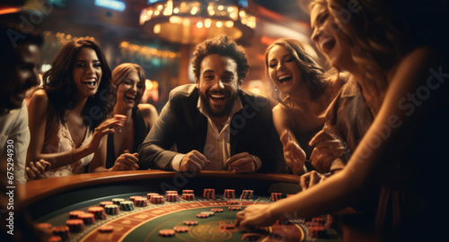 A group of excited people around a roulette table in a casino, the wheel spinning in a blur as they place their bet.