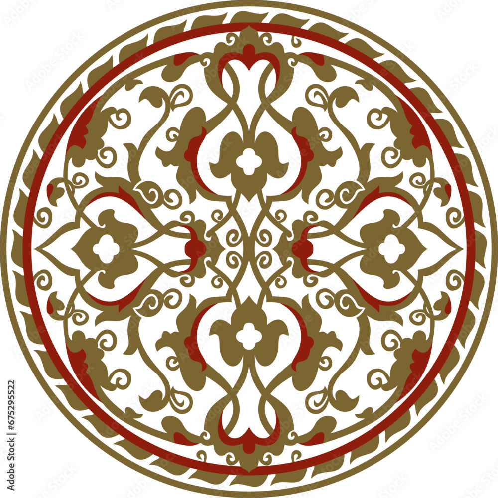 Vector red and gold arabic national round ornament. Ethnic circle, eastern and african peoples of asia, persia, iran, iraq, syria.