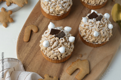 Tartlets and Gingerbread Cookies on Wooden Background, Tasty Dessert