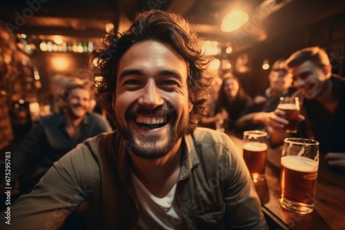 Cheerful young man having fun and drinking beer at party with friends.