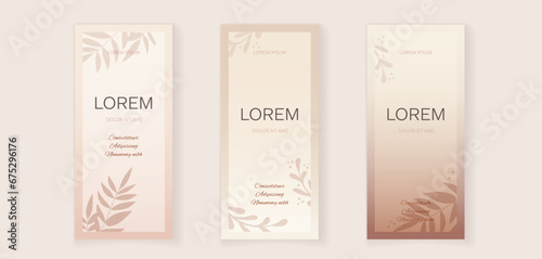 Beige gradient backgrounds with organic floral elements in nude brown pink colors. Vector templates for postcard, poster, flyer, magazine, social media, banner, invitation, presentation