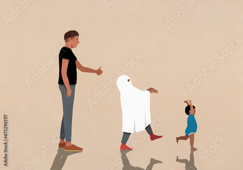 Father watching child in ghost costume chase baby son
 photo