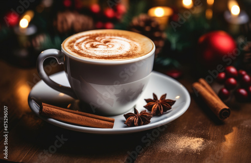 Christmas aesthetics drink  Festive coffee with cinnamon and cardamom among Christmas decorations.