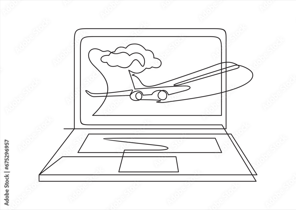 Laptop with flying airplane continuous line drawing. Travel concept. Vector illustration isolated on white.