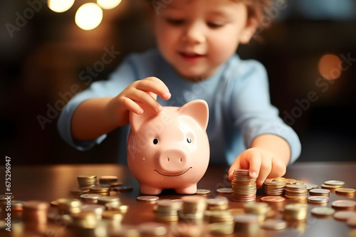 child putting money in piggy bank