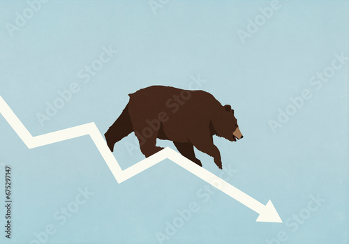 Bear walking down falling stock market arrow on blue background
 photo