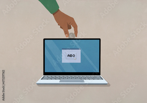 Hand depositing Euro coin into laptop with ABO text
 photo