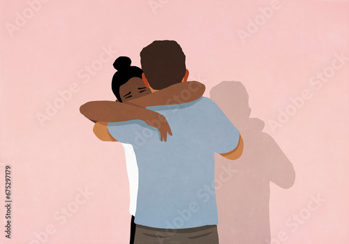 Couple hugging, boyfriend comforting girlfriend on pink background
