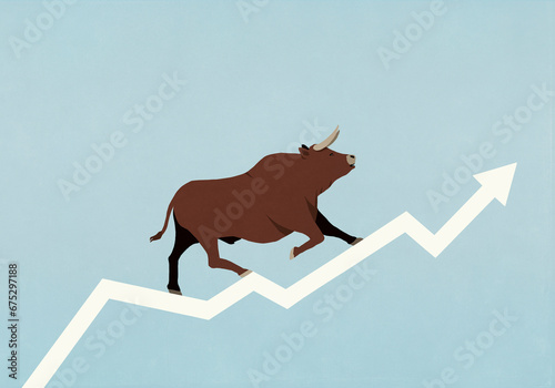 Bull walking along ascending stock market arrow on blue background
 photo