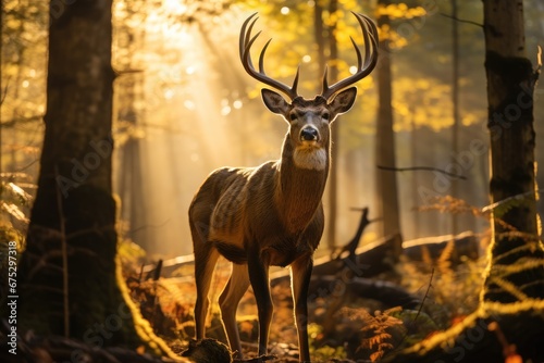 Whitetail deer in the woods with sun shining in background. © visoot