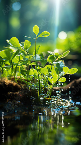 Sunlit Serenity: Underwater Plants in a Pond,green leaves and water,green leaves in water