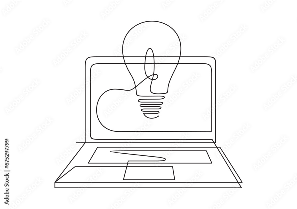 one line drawing of laptop computer with light bulb symbol idea. BIG IDEA. Can used for logo, emblem, slide show and banner. one line drawing of laptop computer with light bulb symbol idea. BIG IDEA. Can used for logo, emblem, slide show and banner.