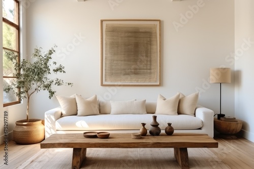 Living room with wood platform couch, Minimalist, Light and bright.