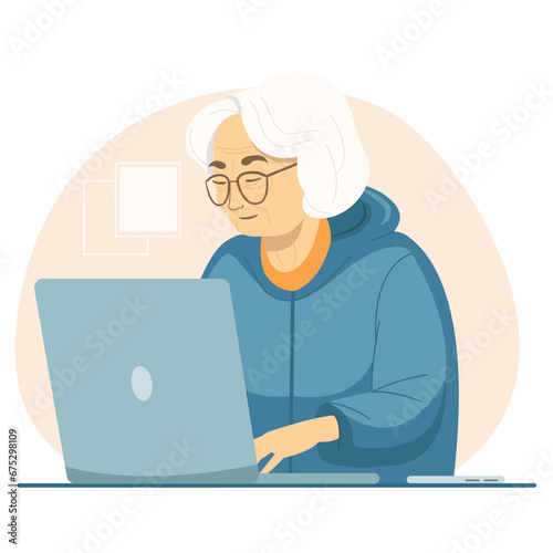 Old woman working on laptop at the table at home or office isolated on white background. Online education, shopping online, web courses, communication. Old age concept vector flat illustration. 