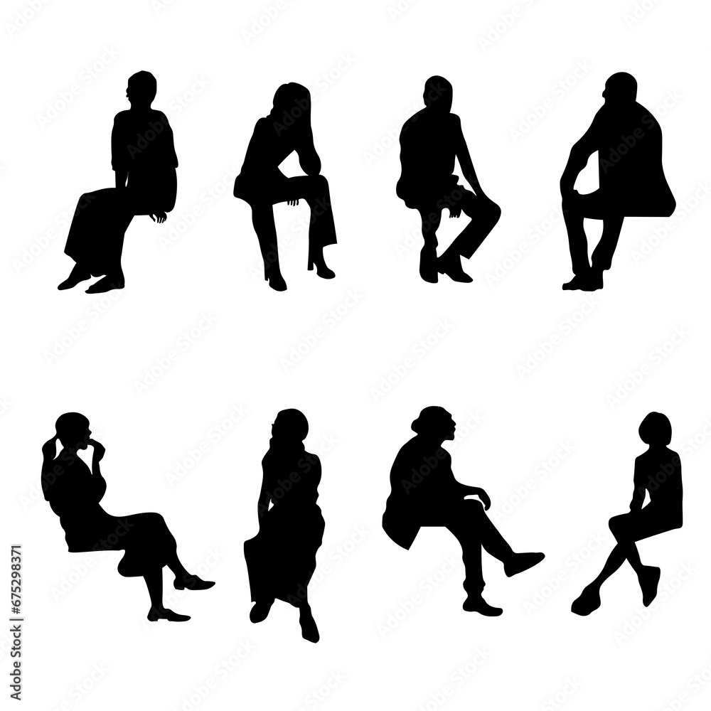 8 png silhouettes of people in 
sitting postures - obrazy, fototapety, plakaty 