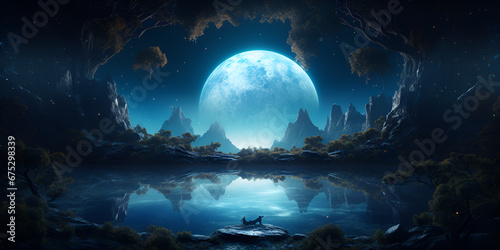 Fantasy Background  Surreal night landscape of the lake and the planet reflected in it  Futuristic fantasy landscape scifi landscape with planet neon light ai generative 