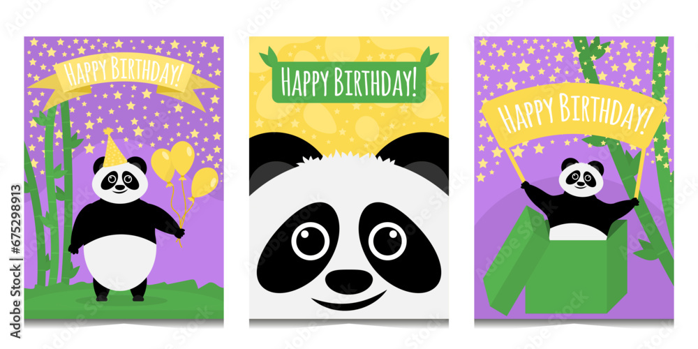 Naklejka premium Set of three happy birthday cards with panda.Charming postcards with cute black and white bear,bamboo,balloons,stars and greeting ribbons.Flat cartoon illustration.Panda's birthday. Isolated on white.