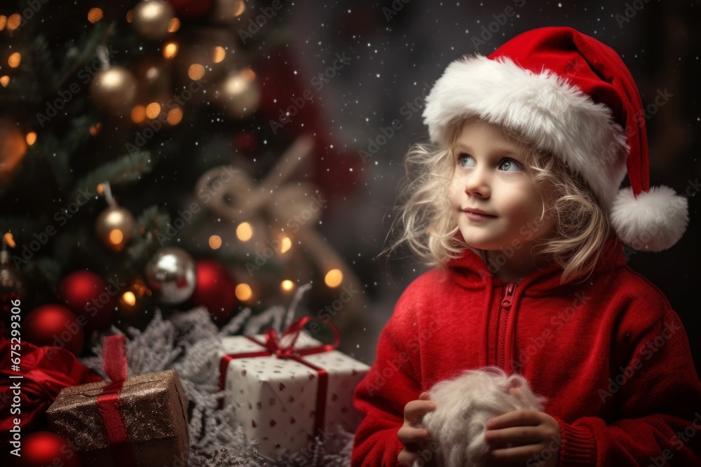 A girl in a Santa hat against the background of a Christmas tree and Christmas lights with gifts