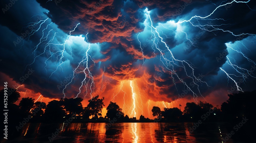 Dramatic Sky Illuminated by Intense Lightning Strikes Over Water at Twilight's Fiery Glare