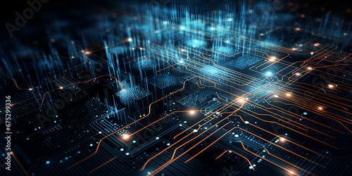 A digital circuit board with a blue light at the top, A digital image of a network, GENERATIVE AI