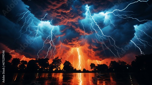 Dramatic Sky Illuminated by Intense Lightning Strikes Over Water at Twilight's Fiery Glare photo
