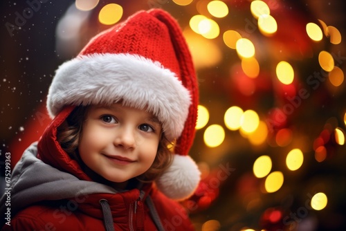A boy in a Santa hat against the background of a Christmas tree and Christmas lights