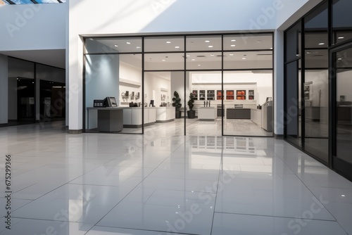 An entrance to a store with a small shop area in the style of light gray and black.