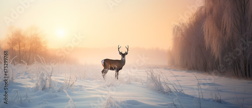  winter with snow, a deer walking in snow field at dawn