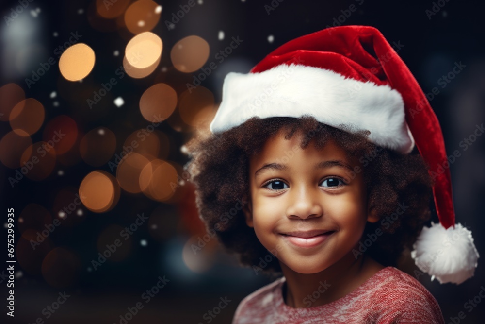 A african american girl in a Santa hat against the background of a Christmas tree and Christmas lights A african american girl in a Santa hat against the background of a Christmas tree and Christmas lights