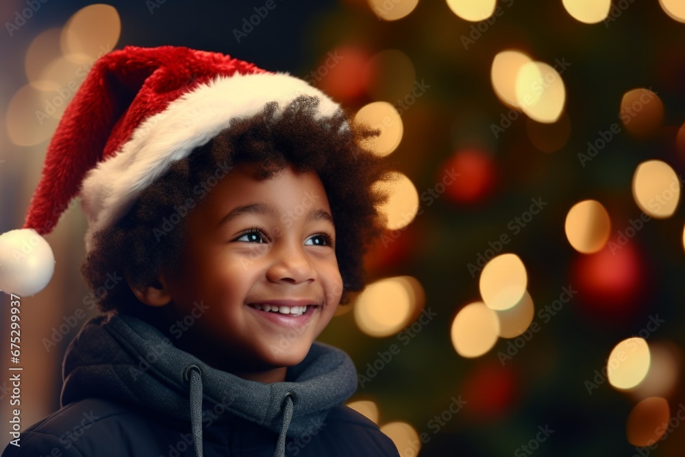 A african american boy in a Santa hat against the background of a Christmas tree and Christmas lights