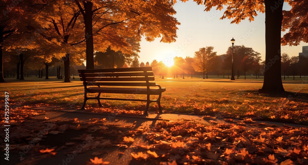 Golden Autumn Sunrise in a Peaceful Park with a Lonely Bench and Falling Leaves