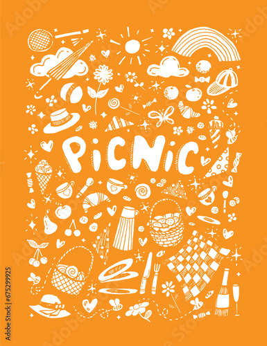 White picnic vector illustration on orange