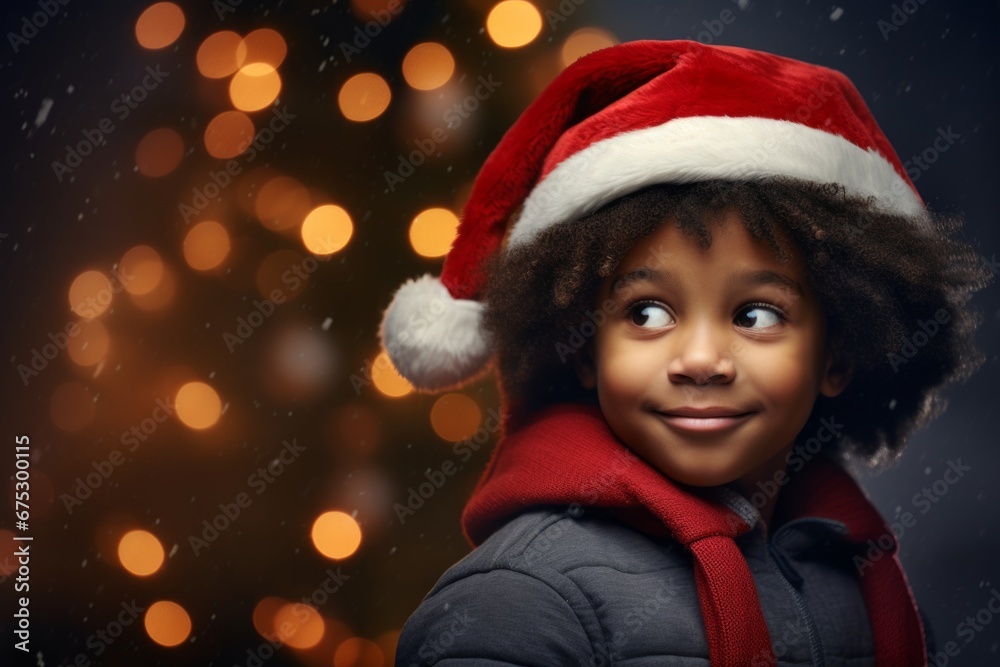 A african american boy in a Santa hat against the background of a Christmas tree and Christmas lights