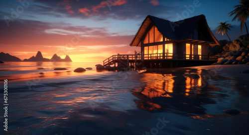 A cabin on the beach at sunrise.