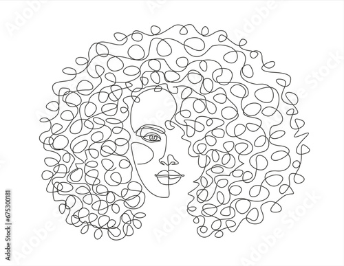 African american Woman face, continuous line drawing.  Line art, drawing of face, fashion concept, woman beauty minimalist for wall decoration, postcard or brochure cover design. Vector illustrations 