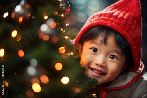 A asian boy in a Santa hat against the background of a Christmas tree and Christmas lights