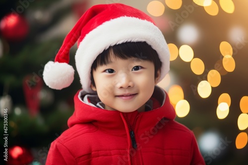 A asian boy in a Santa hat against the background of a Christmas tree and Christmas lights