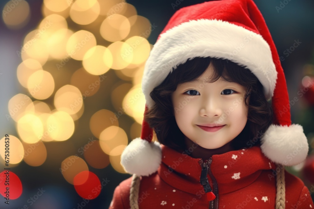 A asian girl in a Santa hat against the background of a Christmas tree and Christmas lights A asian girl in a Santa hat against the background of a Christmas tree and Christmas lights