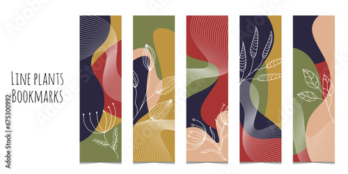 Fototapeta Naklejka Na Ścianę i Meble -  Set of 5 bookmarks with colored waves and decorative elements. Elegant colors. Line botanical illustration. Rectangular bookmark templates for reading. Isolated on white background.	