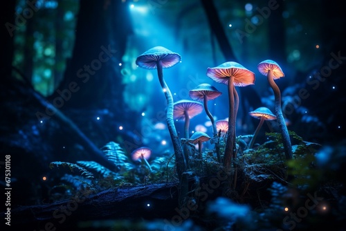 Bioluminescent mushrooms in a dark forest, glowing. Generative AI