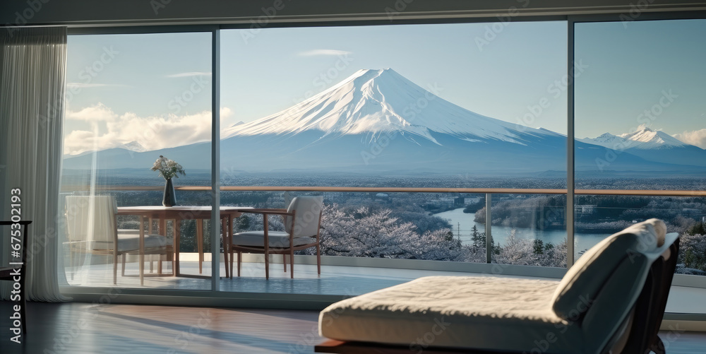 Fototapeta premium Mount Fuji out of window of a bedroom in winter, Minimalist.