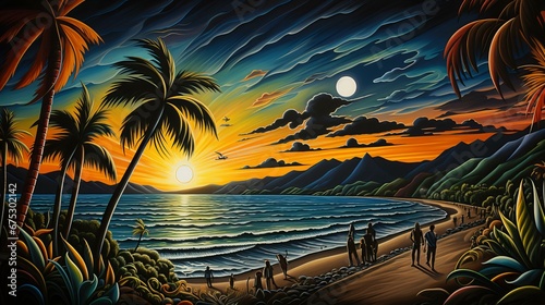 Vibrant Tropical Beach Scene with Palm Trees, Sunset, Moonrise, and People Walking Alongshore photo