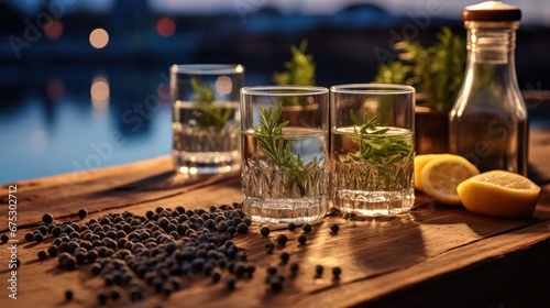 Gin with ingredients on old wooden table, Traditional Italian alcohol drink.