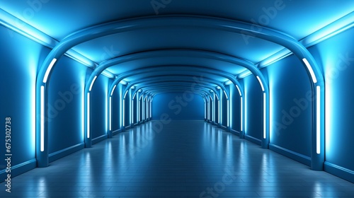 Futuristic Blue Corridor with Archways Illuminated by Sleek, Modern Lighting Design Elements