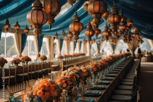 Regal orange and blue hanging lanterns with flowers and tapestry in luxurious wedding reception tent.