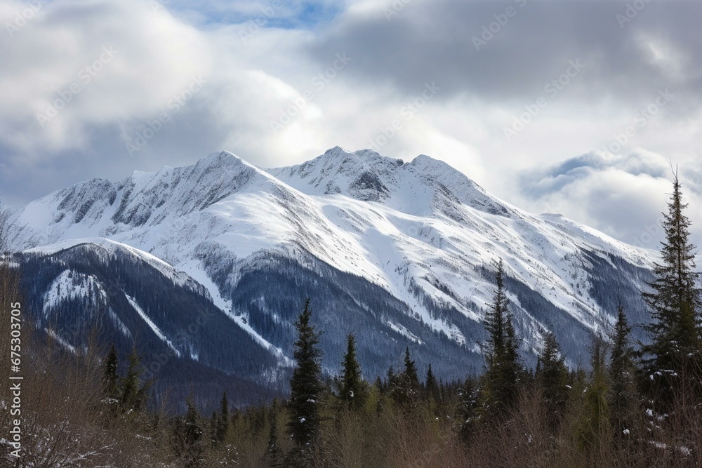 Scenic Alaska mountain with winter clouds and snow. Generative AI