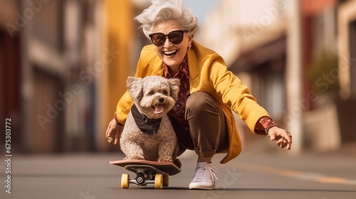 Outdoor Leisure: Senior Woman Wearing Sportswear Costume Enjoys Skating with Her Poodle Dog